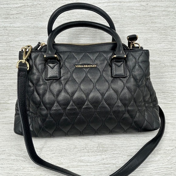 Vera Bradley Handbags - Vera Bradley Black Quilted Emma Leather Satchel Crossbody Bag Floral